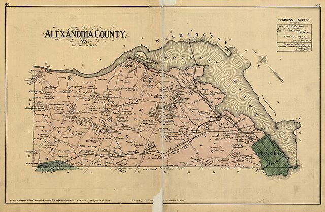 Map of Alexandria County (1878), including what is now Arlington County and the City of Alexandria. Map includes the names of property owners at that time. City boundaries roughly correspond with Old Town.