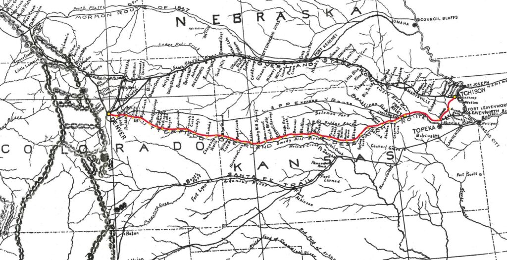 Route of the Butterfield Overland Despatch is highlighted in red - Large