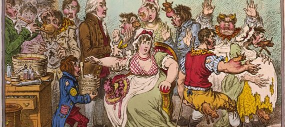 An 1802 cartoon by James Gillray of the early controversy surrounding Edward Jenner's vaccination procedure, showing using his cowpox-derived smallpox vaccine causing cattle to emerge from patients.