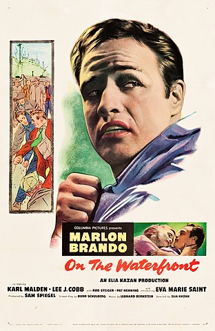 Theatrical poster for the release of the 1954 film On the Waterfront, starring Marlon Brando.
