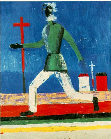 One of the interpretations of The Running Man painting by Kazimir Malevich, also known as Peasant Between a Cross and a Sword, is the artist's indictment of the Great Famine.[115] "Kasimir Malevich's haunting 'The Running Man' (1933–34), showing a peasant fleeing across a deserted landscape, is eloquent testimony to the disaster."[116]