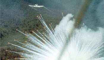 A U.S. Air Force Douglas Skyraider drops a white phosphorus bomb on a Viet Cong position in South Vietnam in 1966.