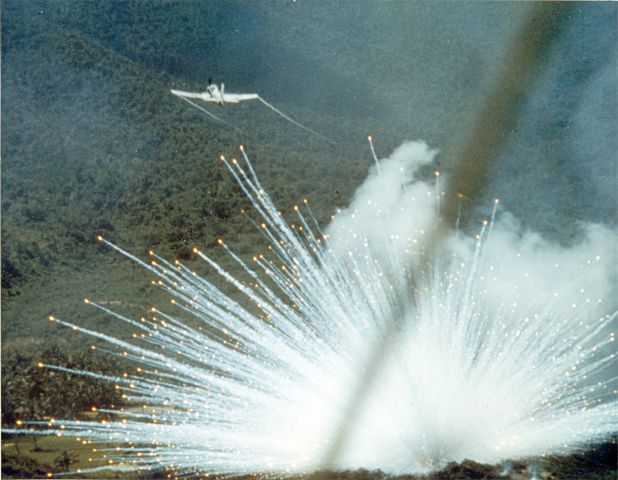 A U.S. Air Force Douglas Skyraider drops a white phosphorus bomb on a Viet Cong position in South Vietnam in 1966.