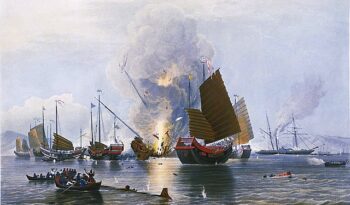 The East India Company iron steam ship Nemesis, commanded by Lieutenant W. H. Hall, with boats from the Sulphur, Calliope, Larne and Starling, destroying the Chinese war junks in Anson's Bay, on 7 January 1841. An engagement in the First Opium War (1839-42), showing the ‘Nemesis’ (right background, in starboard broadside view) attacking a fleet of Chinese war junks in the middle ground. The war junk third from the left is shown being destroyed with splinters flying up into the air. Two rowing boats with Chinese passengers watch from the left foreground. Various men can be seen overboard and clinging on to debris throughout the scene. The lettering below includes lists of dimensions. PAH8193 and PAH8893 are additional copies, both hand-coloured, and the print is from an oil painting by Duncan presented to the Williamson Art Gallery at Birkenhead in 1925, with another showing Prince Albert visiting iron ships off Woolwich Dockyard. They were a gift from Alderman J.W.P. Laird, one of the Birkenhead shipbuilding family who built the 'Nemesis' and others of the vessels shown in them. On 7 January 1841, the 'Nemesis' of the Bombay Marine (the East India Company's naval service), commanded by William Hutcheon Hall, with boats from the ‘Sulphur’, ‘Calliope’, ‘Larne’ and ‘Starling’, destroyed Chinese war junks in Anson's Bay, Chuenpee, near the Bocca Tigris forts guarding the mouth of the Pearl River up to Canton. British forces then captured the forts themselves. Hall was a Royal Naval master at the time. He had steam experience and had been privately engaged by John Laird to command the 'Nemesis', which the latter had built experimentally as the first fully iron warship, and was so successful in it in China that in 1841 he was specially commissioned as a Naval lieutenant. He went on to later Royal Naval service as a captain in the Crimean War and was a retired admiral at his death in 1875. His portrait (BHC2733) and papers are also in the Museum collection.