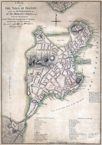 Boston in 1775. The entire city lies on the Shawmut Peninsula. The North End is the smaller promontory at the northeast corner of the peninsula, separated from the rest of the city by a large mill pond. Copp's Hill is called Corps Hill, and Hanover Street, the main thoroughfare of the community, is called Middle Street on this map.