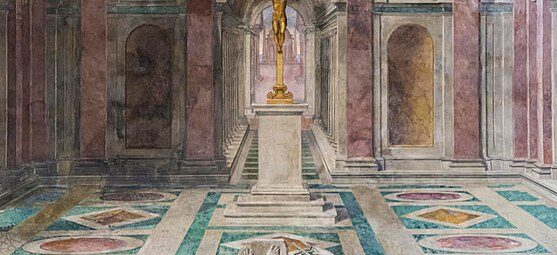 El triunfo del cristianismo de Tommaso Laureti (1530-1602), pintura del techo de las Estancias de Rafael, en el Palacio Apostólico de la Ciudad del Vaticano. Imágenes como ésta celebran el triunfo del cristianismo sobre el paganismo de la Antigüedad.