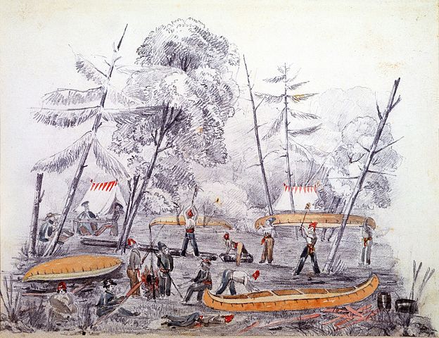 Camp used by soldiers and labourers of the Rideau Canal, on the south side of the Ottawa River in 1826. The building of the canal attracted many land speculators to the area.