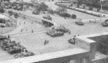 Photo taken from US diplomatic compound showing Chinese tanks in Beijing, July 1989