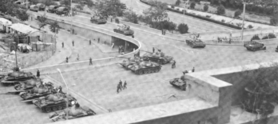 Photo taken from US diplomatic compound showing Chinese tanks in Beijing, July 1989