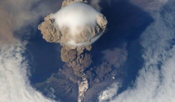 top view of volcano erupting during daytime