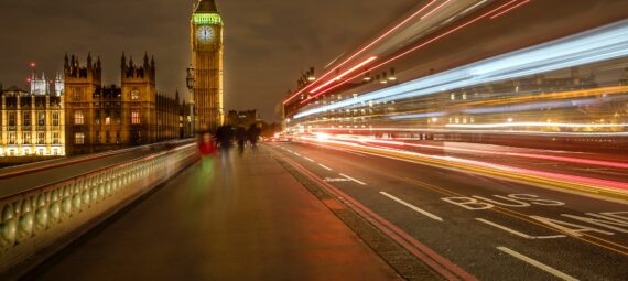 night traffic on westminster bridge and elizabeth tower in london uk