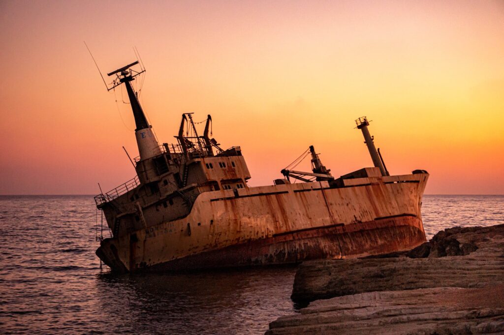 tilted ship during golden hour
