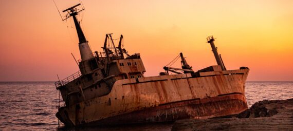 tilted ship during golden hour