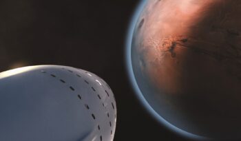 white space ship and brown planet