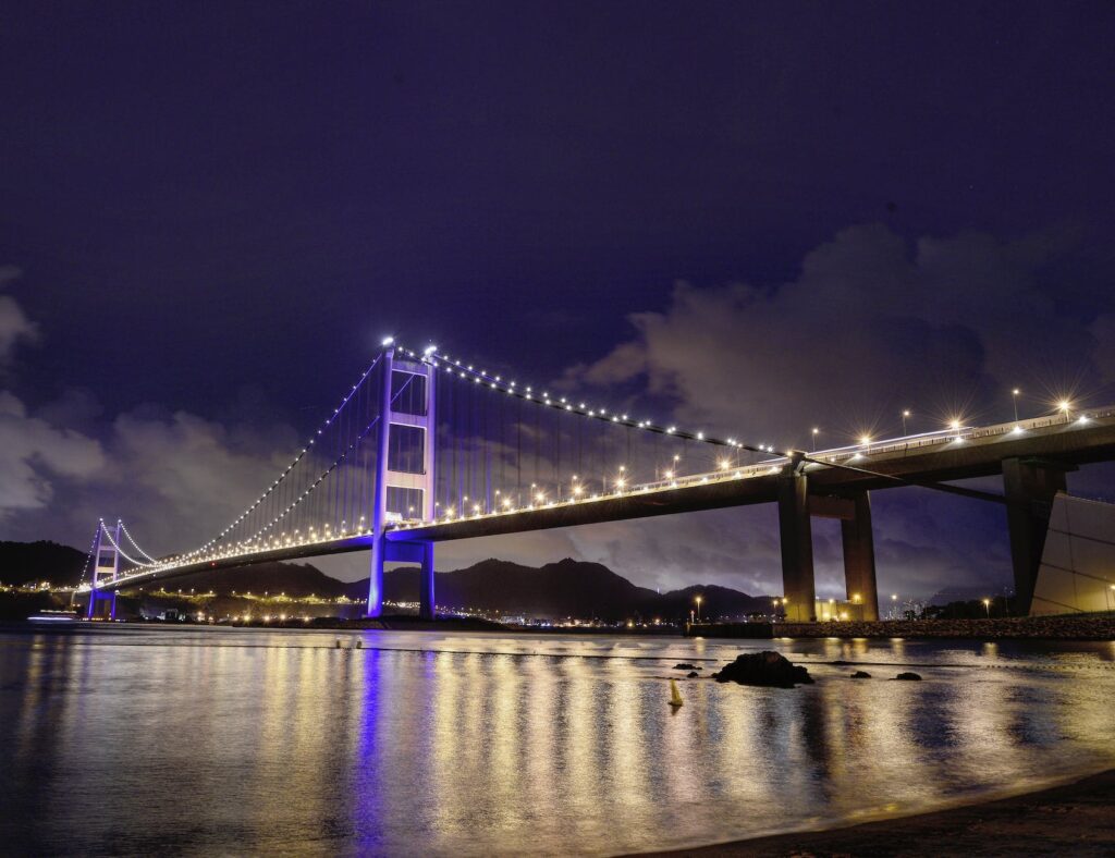 the illuminated tsing ma bridge at night