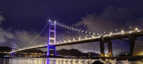 the illuminated tsing ma bridge at night