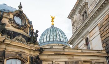 golden angel statue on the dome of the albertinum art museum in dresden germany