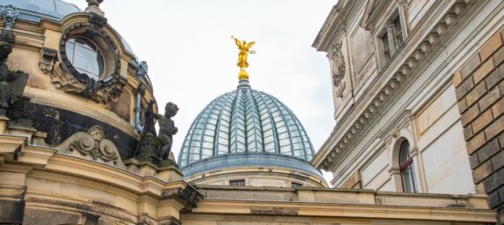 golden angel statue on the dome of the albertinum art museum in dresden germany